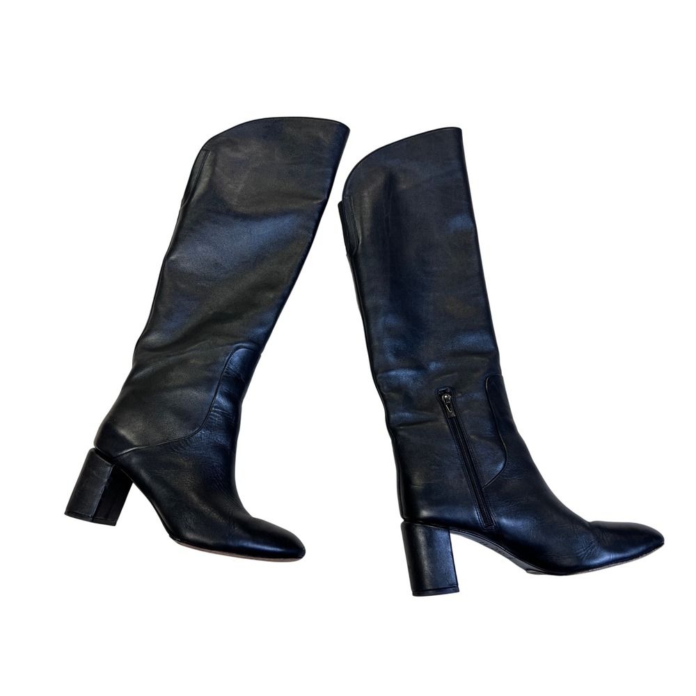 Via Spiga Knee High Boots Womens 9 Black Good Leather Block Heel Zip